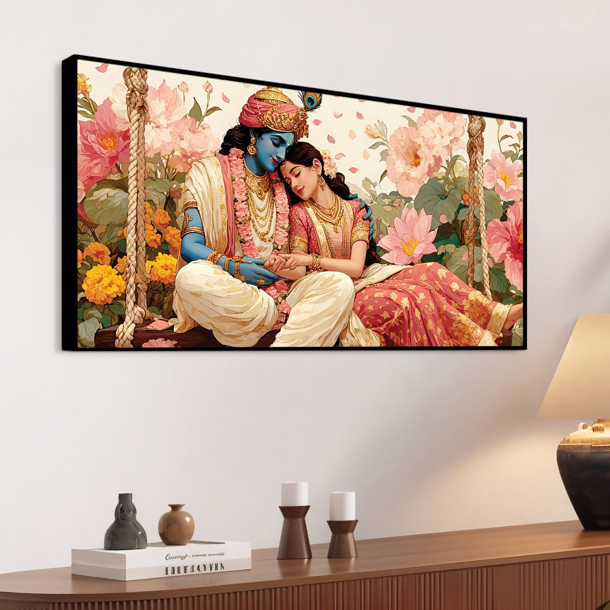 Radha Krishna Floral Garden Premium Wall Painting