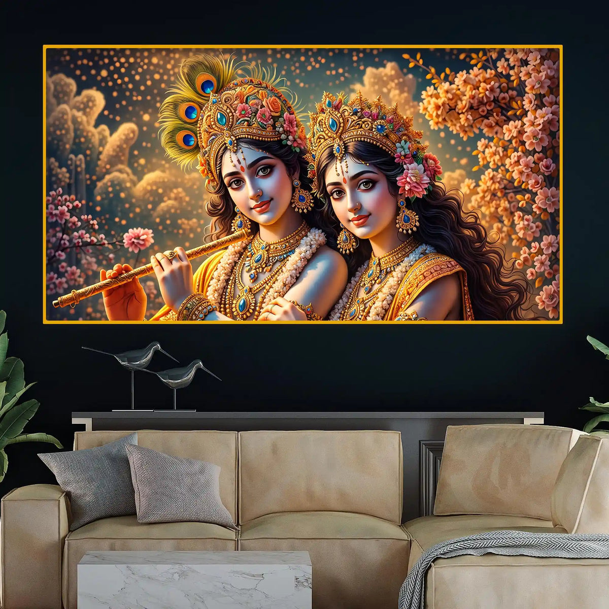 Radha Krishna Floral Theme Crystal Glass Painting