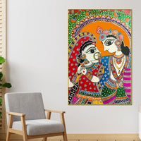 Radha Krishna Love Madhubani Style Canvas Wall Painting