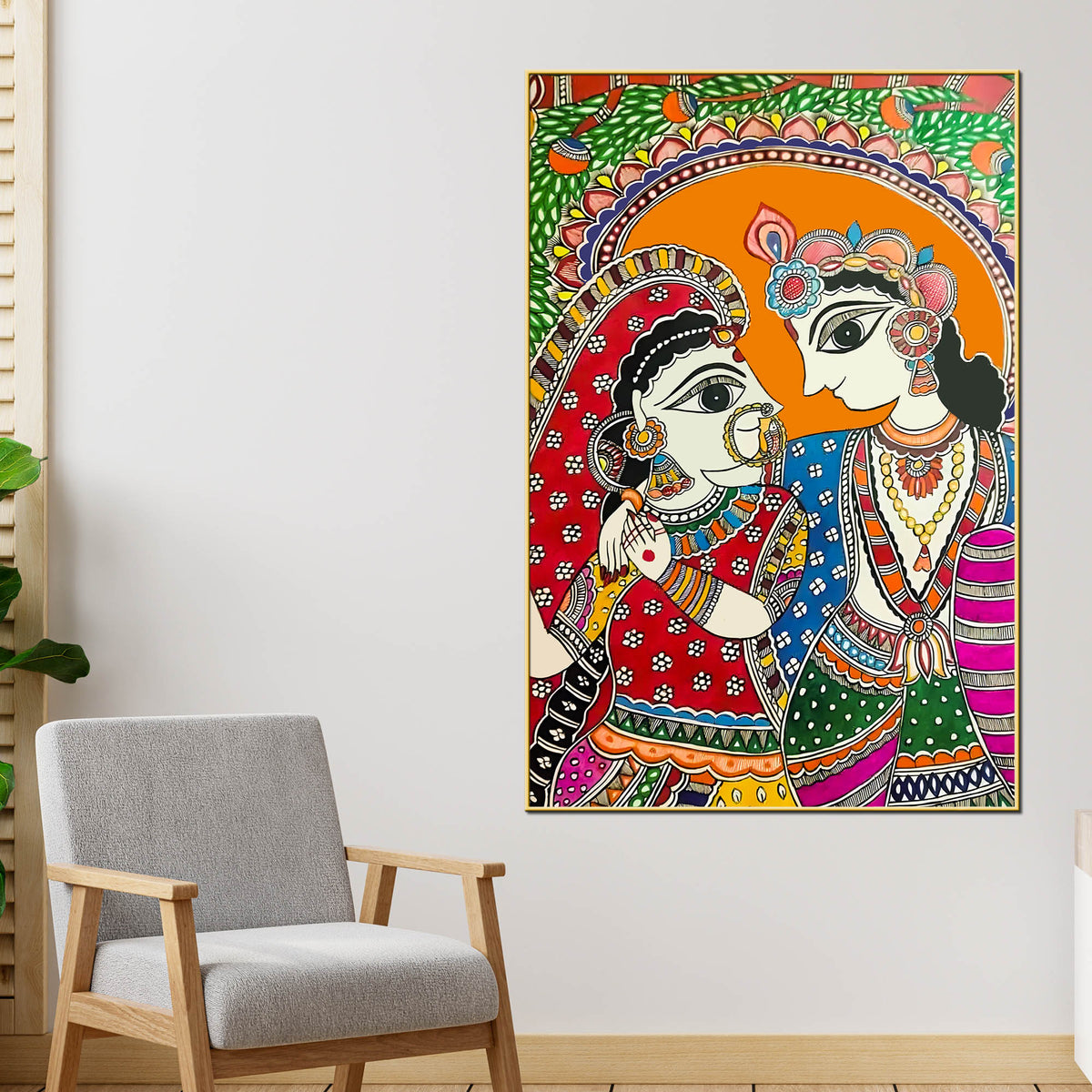 Radha Krishna Love Madhubani Style Canvas Wall Painting