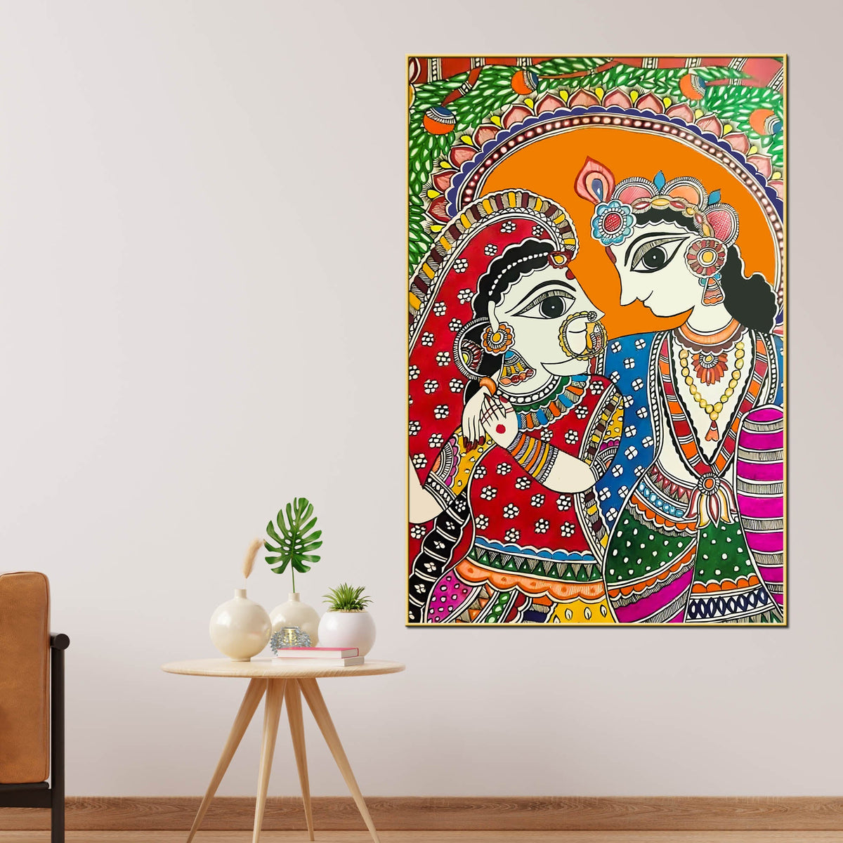 Radha Krishna Love Madhubani Style Canvas Wall Painting