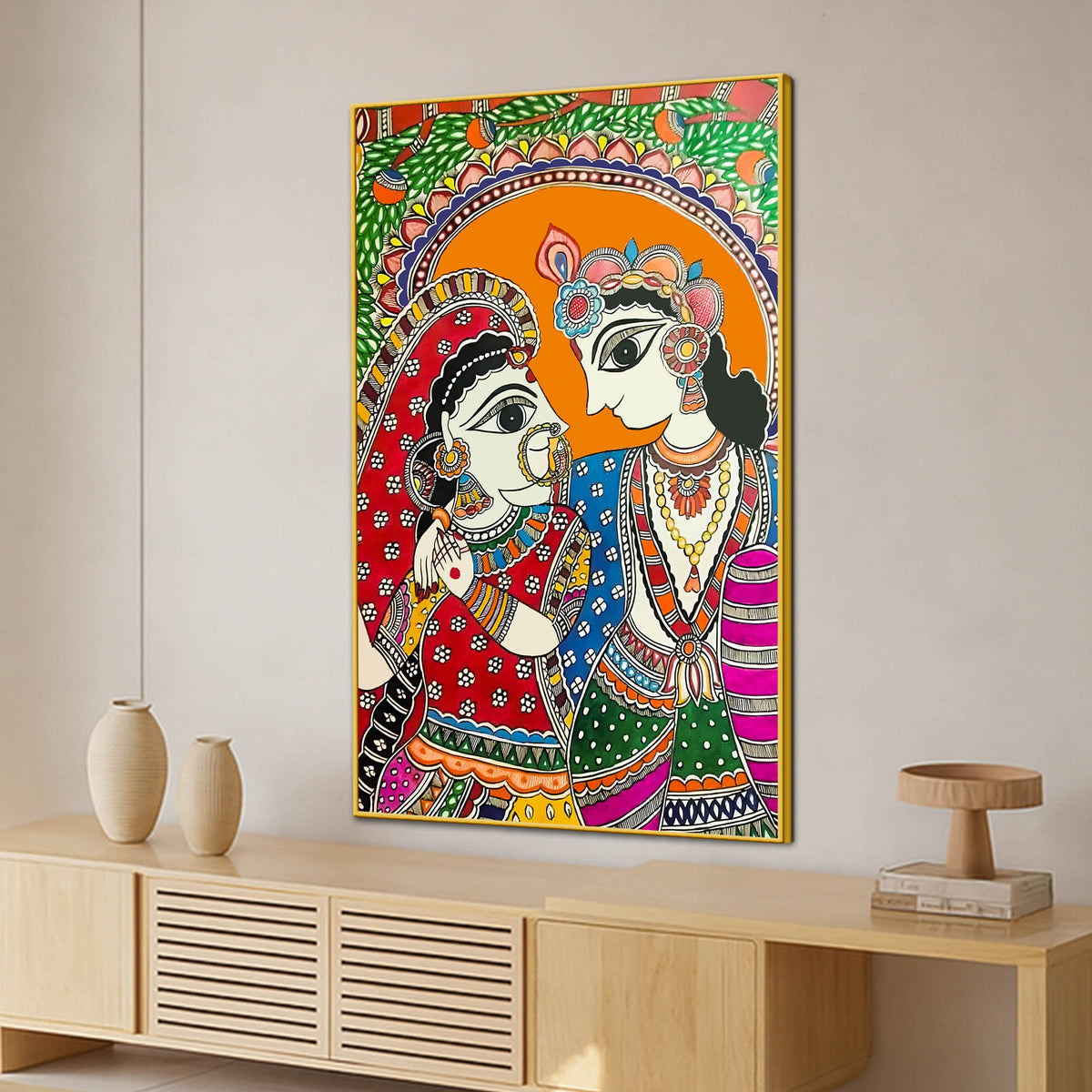 Radha Krishna Love Madhubani Style Canvas Wall Painting