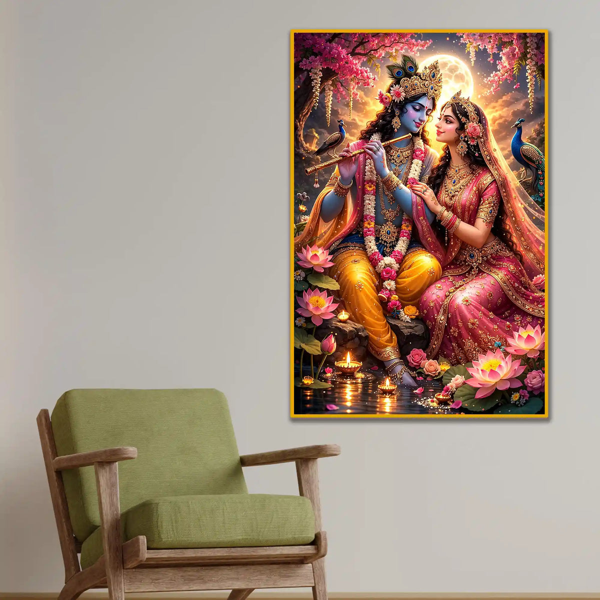 Radha Krishna Moonlit Lotus Garden Floating Frame Crystal Wall Painting