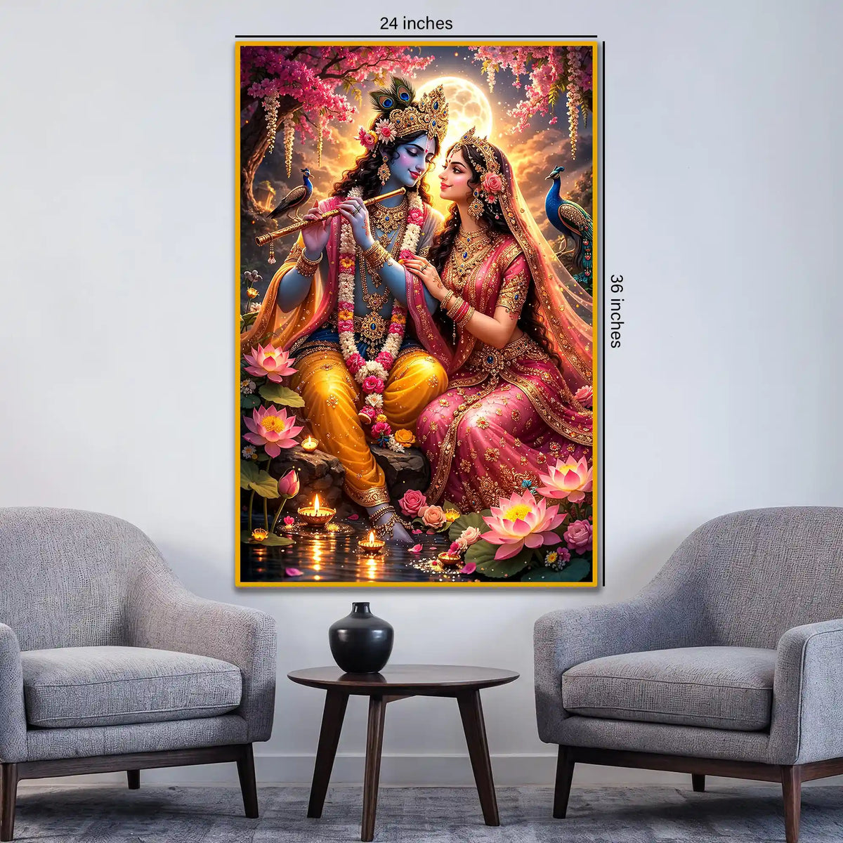 Radha Krishna Moonlit Lotus Garden Floating Frame Crystal Wall Painting