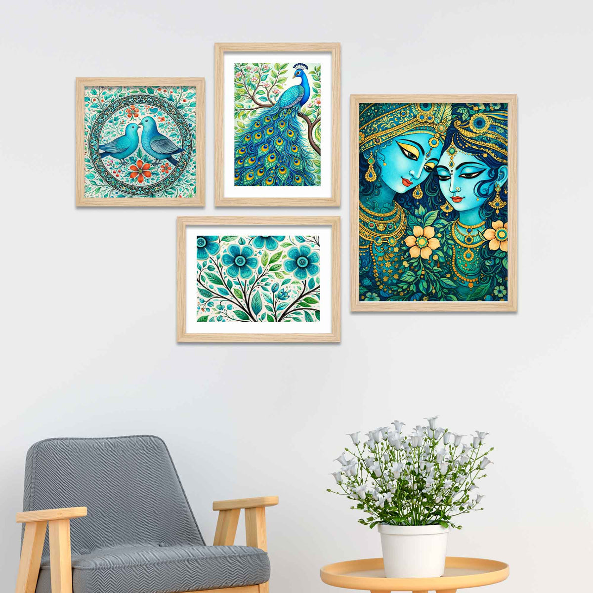 Radha Krishna & Nature Wall Frame Set of Four