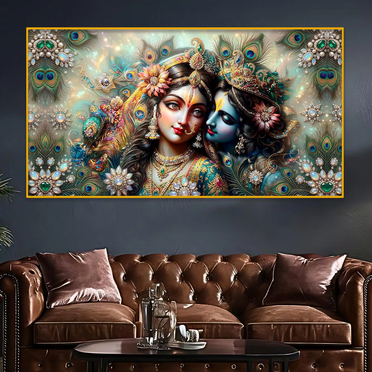 Radha Krishna Peacock Feather Wall Art Crystal Glass Painting