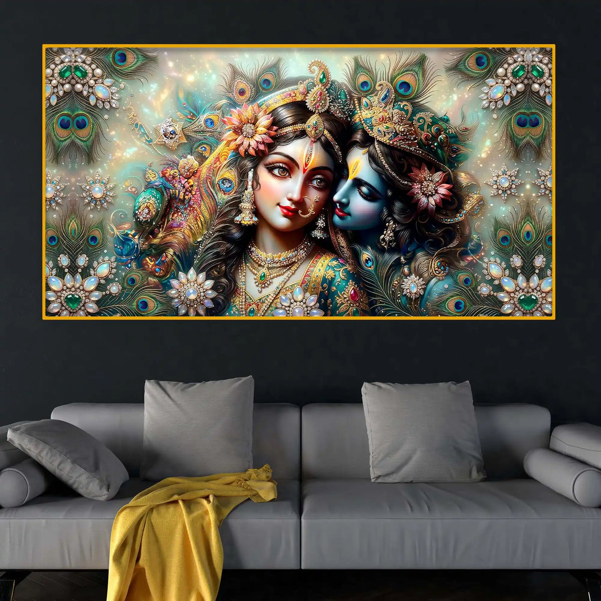Radha Krishna Peacock Feather Wall Art Crystal Glass Painting