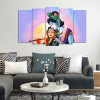 Radha Krishna Playing Flute Canvas Wall Painting Set of Five Panels