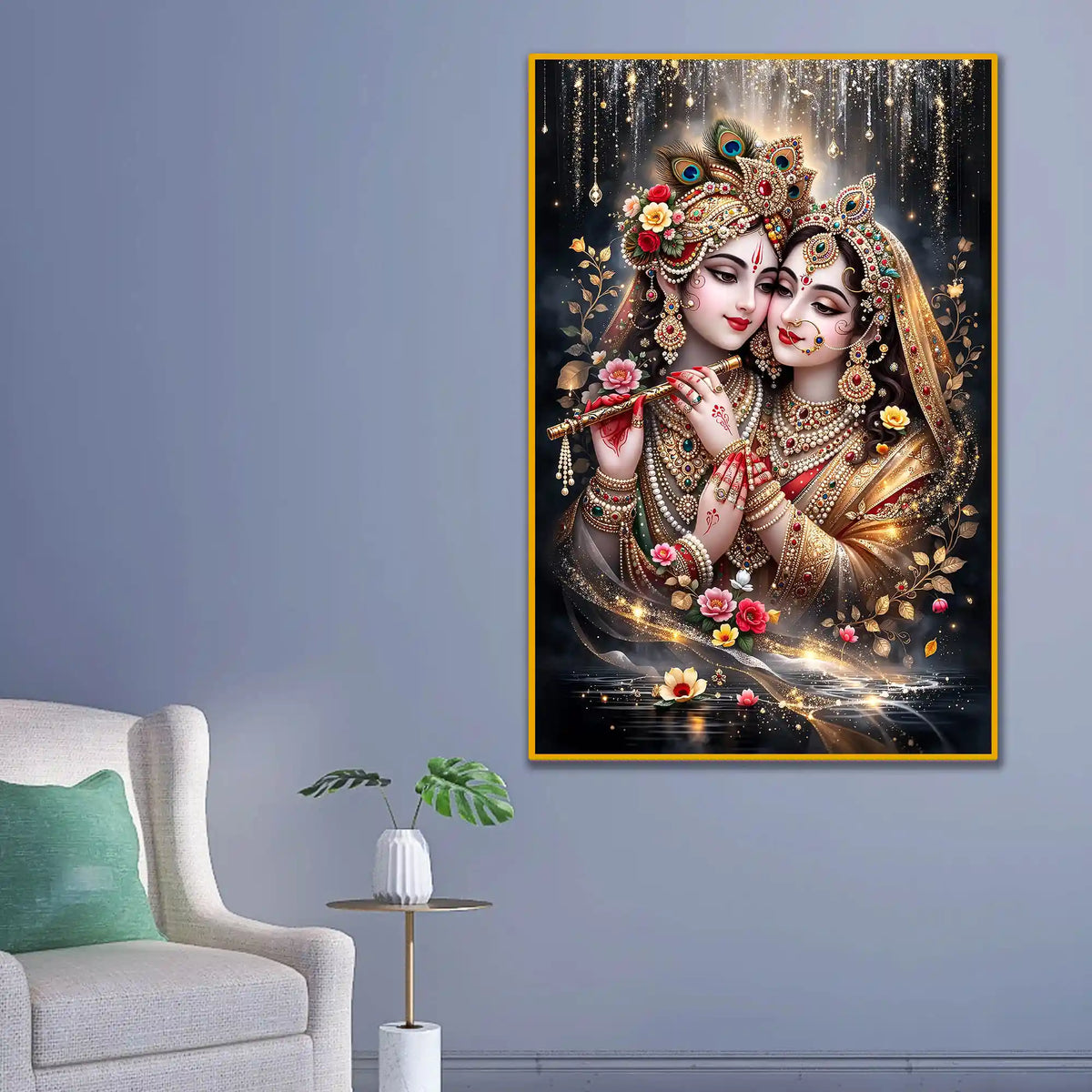 Radha Krishna Portrait Floating Frame Crystal Wall Painting