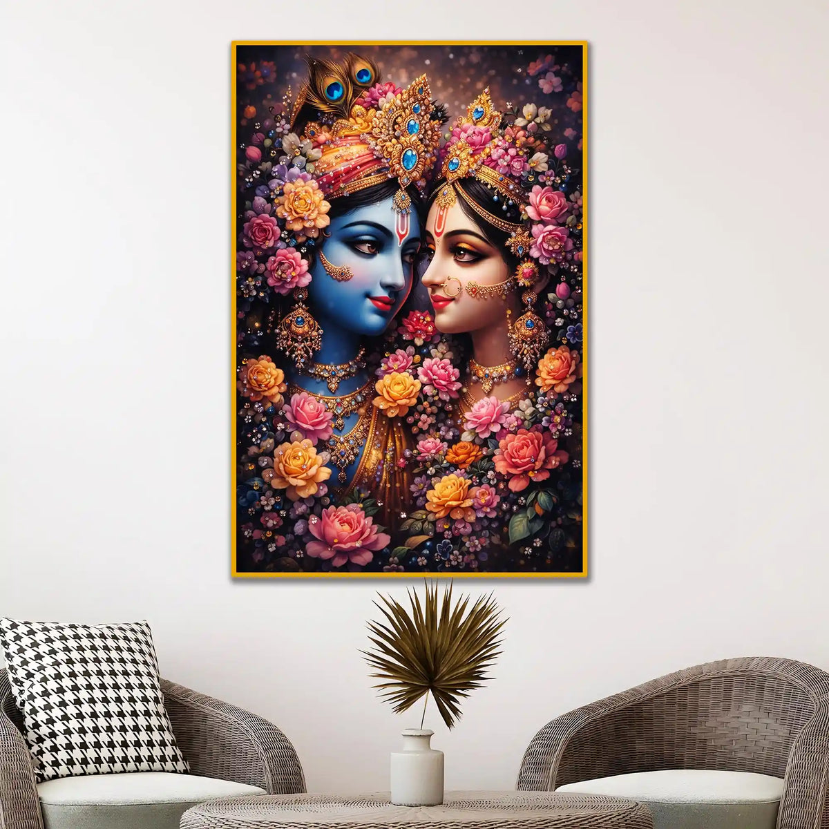 Radha Krishna Wall Art with Flowers Floating Frame Crystal Wall Painting