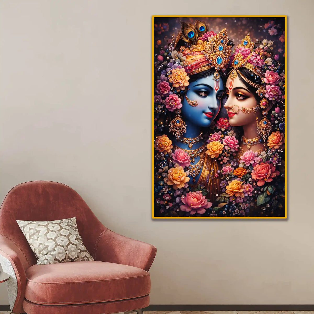 Radha Krishna Wall Art with Flowers Floating Frame Crystal Wall Painting