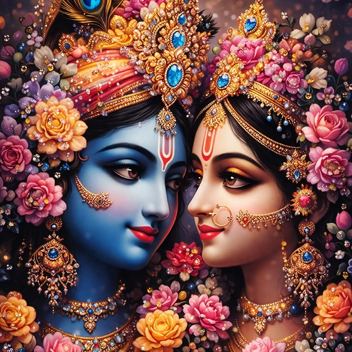 Radha Krishna Wall Art with Flowers Floating Frame Crystal Wall Painting
