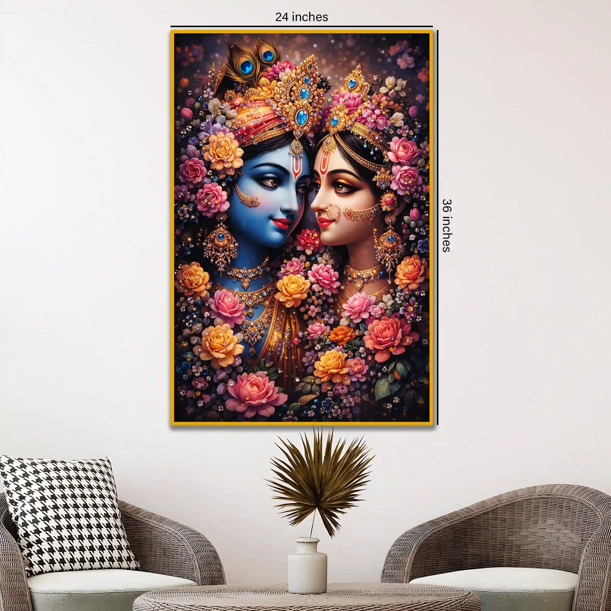 Radha Krishna Wall Art with Flowers Floating Frame Crystal Wall Painting