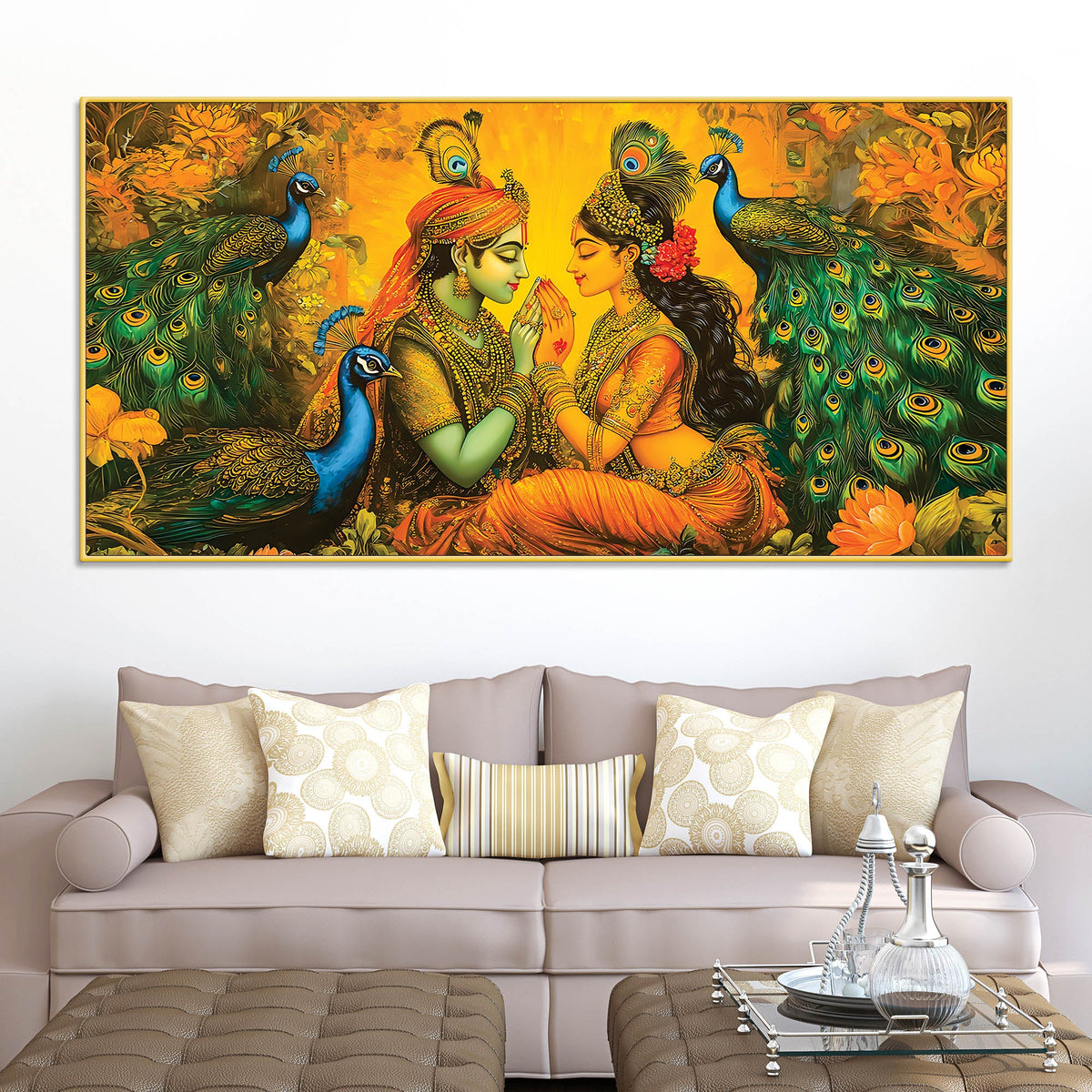 Radha Krishna with Peacock Painting for Home Wall Décor