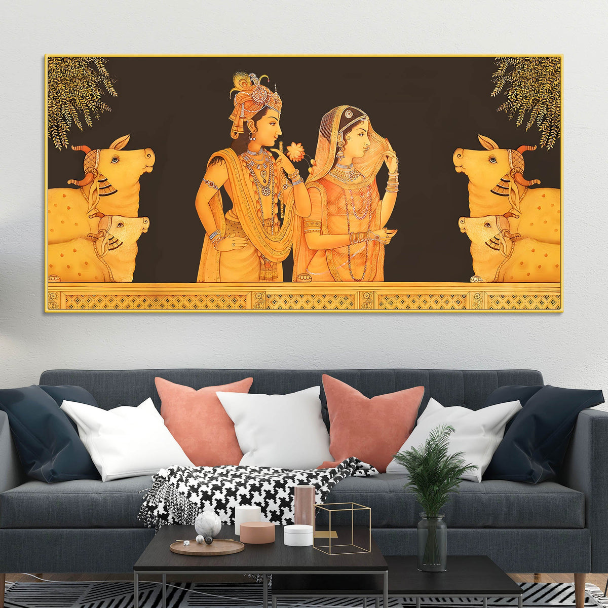 Radha Krishna with Sacred Cows Pichwai Canvas Painting – Spiritual Home Decor