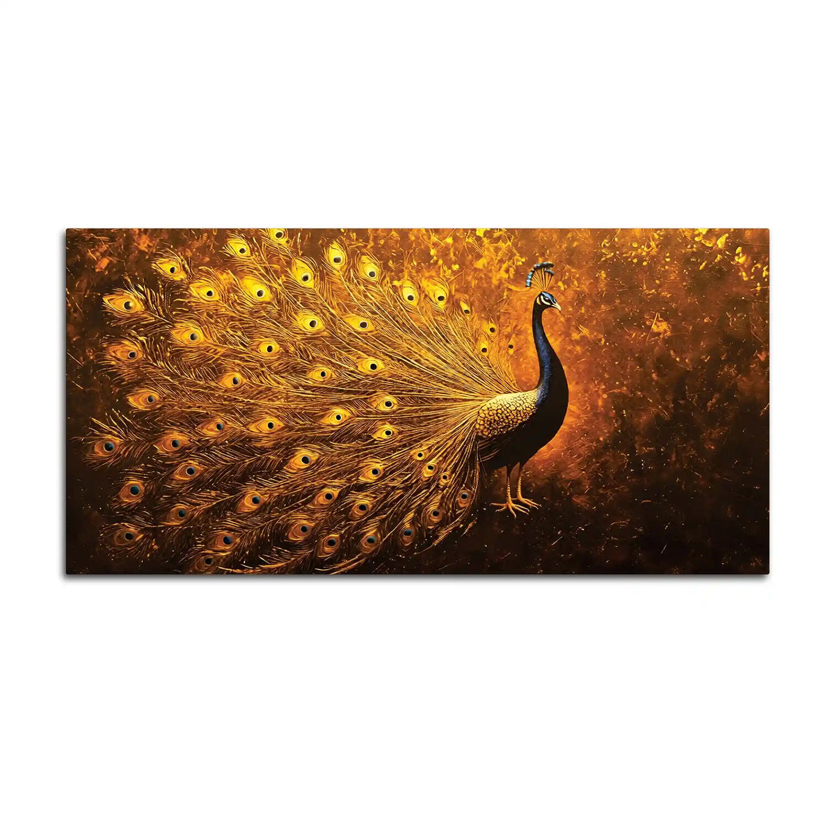 Radiant Golden Feather Peacock Artistic Canvas Wall Painting