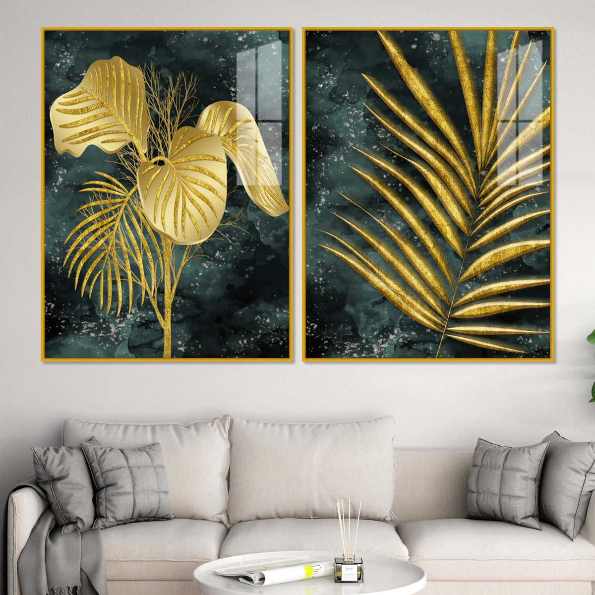 Radiant Golden Nature Leaves Modern Acrylic Floating Wall Painting Set of 2
