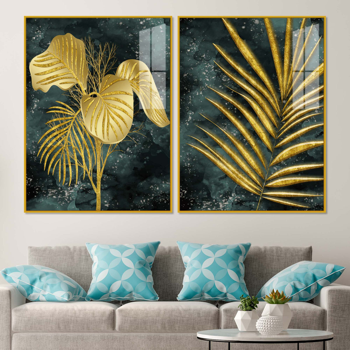 Radiant Golden Nature Leaves Modern Acrylic Floating Wall Painting Set of 2