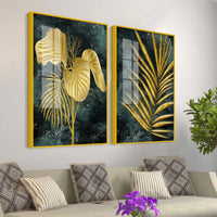 Radiant Golden Nature Leaves Modern Acrylic Floating Wall Painting Set of 2