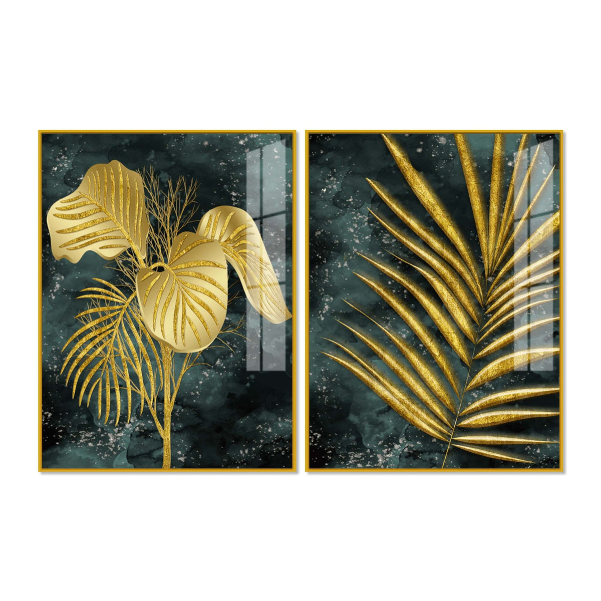 Radiant Golden Nature Leaves Modern Acrylic Floating Wall Painting Set of 2