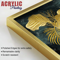 Radiant Golden Nature Leaves Modern Acrylic Floating Wall Painting Set of 2