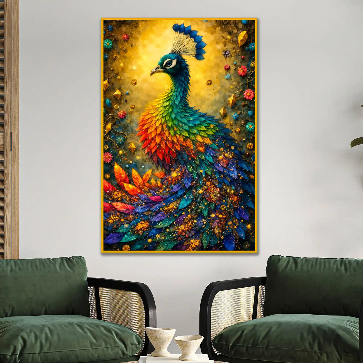 Radiant Peacock in Rainbow Hues Floating Frame Crystal Wall Painting