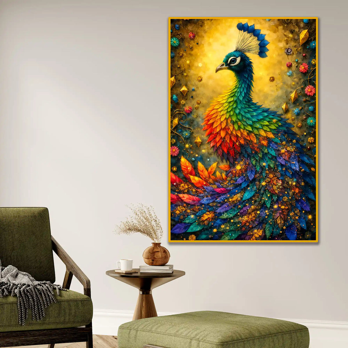 Radiant Peacock in Rainbow Hues Floating Frame Crystal Wall Painting