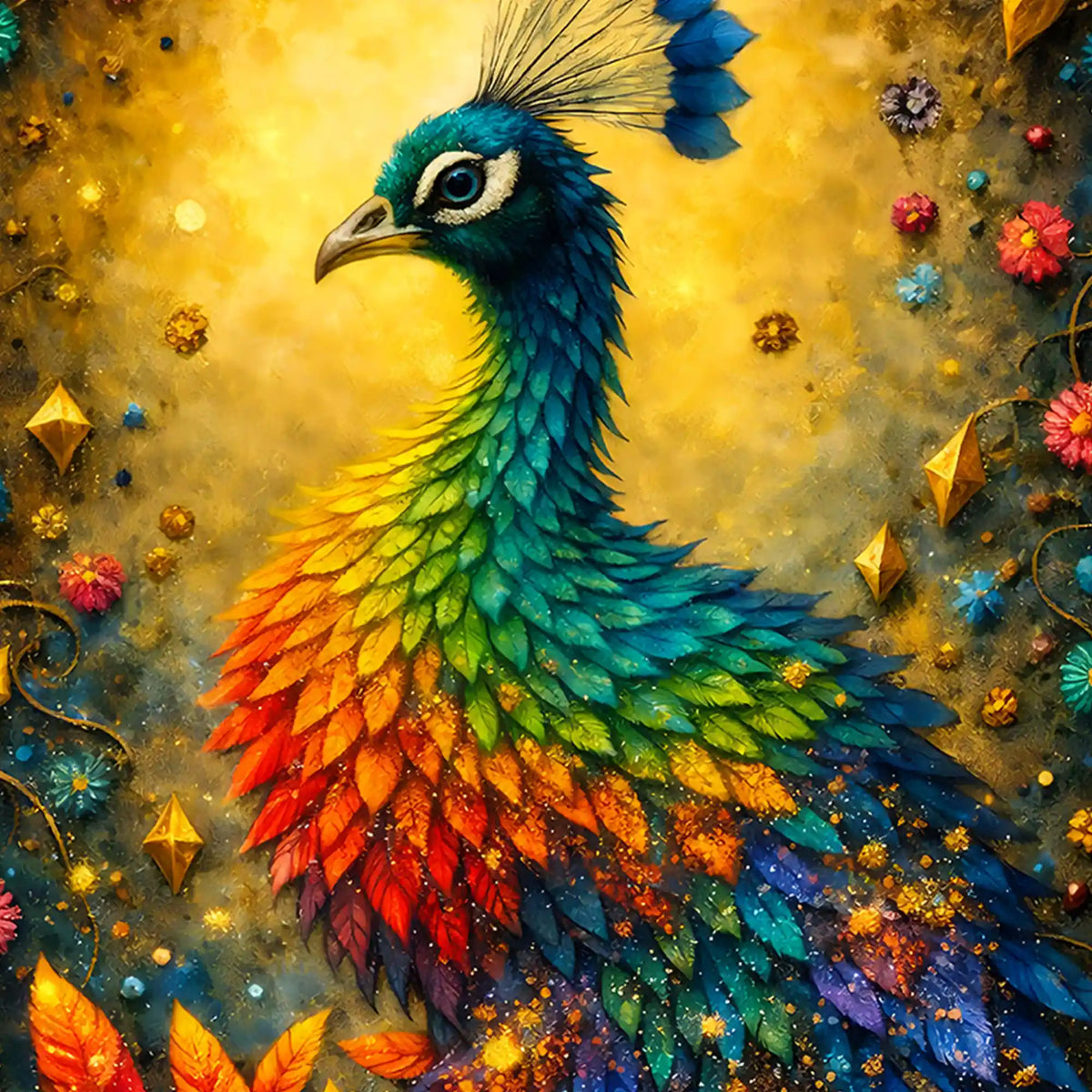 Radiant Peacock in Rainbow Hues Floating Frame Crystal Wall Painting