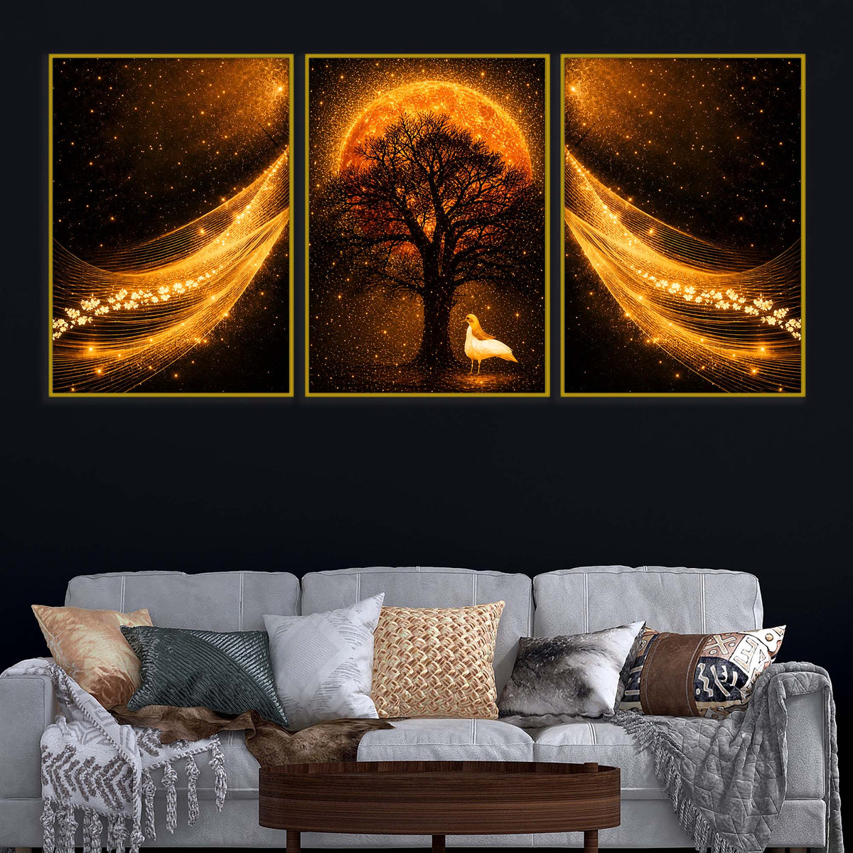 Radiant Sunset Dreamscape & Light Waves Floating Frame Crystal Wall Painting Set of 3