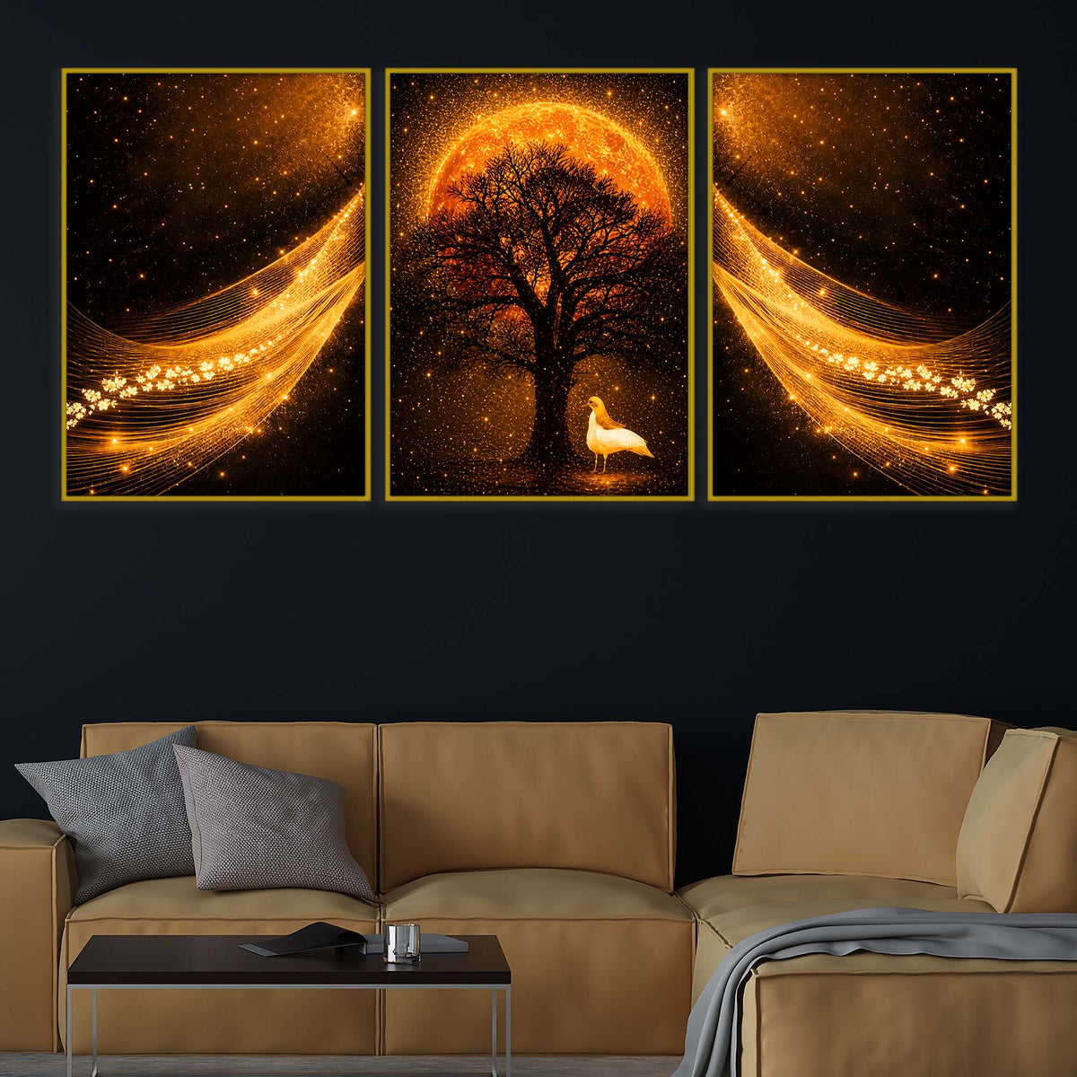 Radiant Sunset Dreamscape & Light Waves Floating Frame Crystal Wall Painting Set of 3