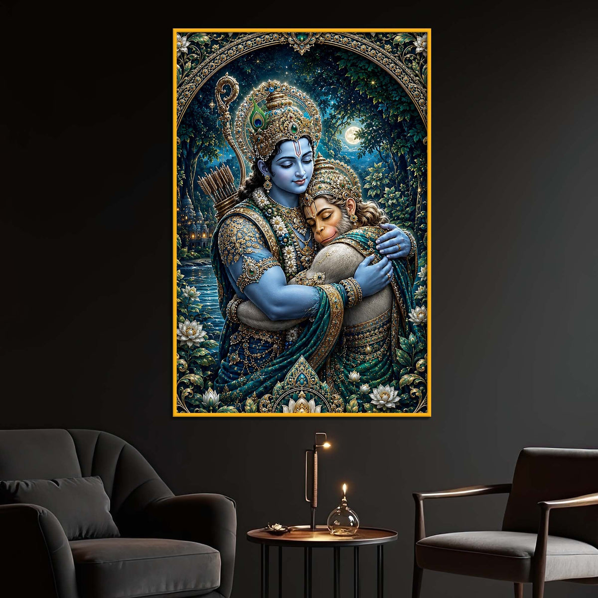 Rama Hanuman Embrace Floating Frame Crystal Wall Painting