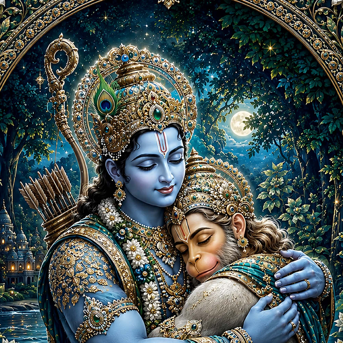 Rama Hanuman Embrace Floating Frame Crystal Wall Painting
