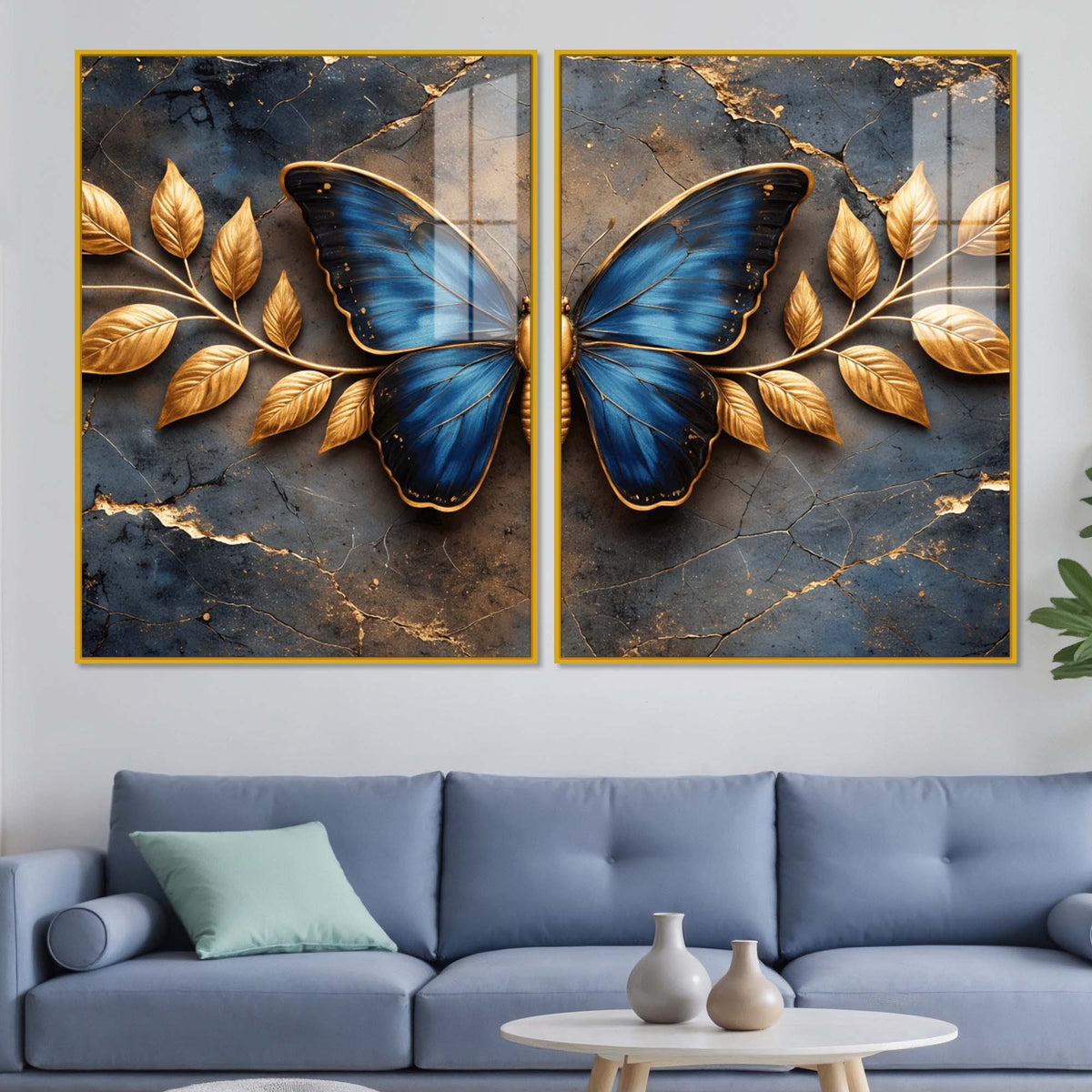 Ravishing Royal Blue Butterfly Acrylic Floating Wall Painting Set of 2