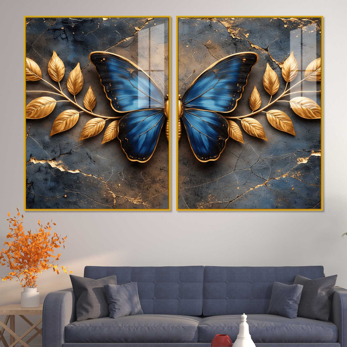 Ravishing Royal Blue Butterfly Acrylic Floating Wall Painting Set of 2