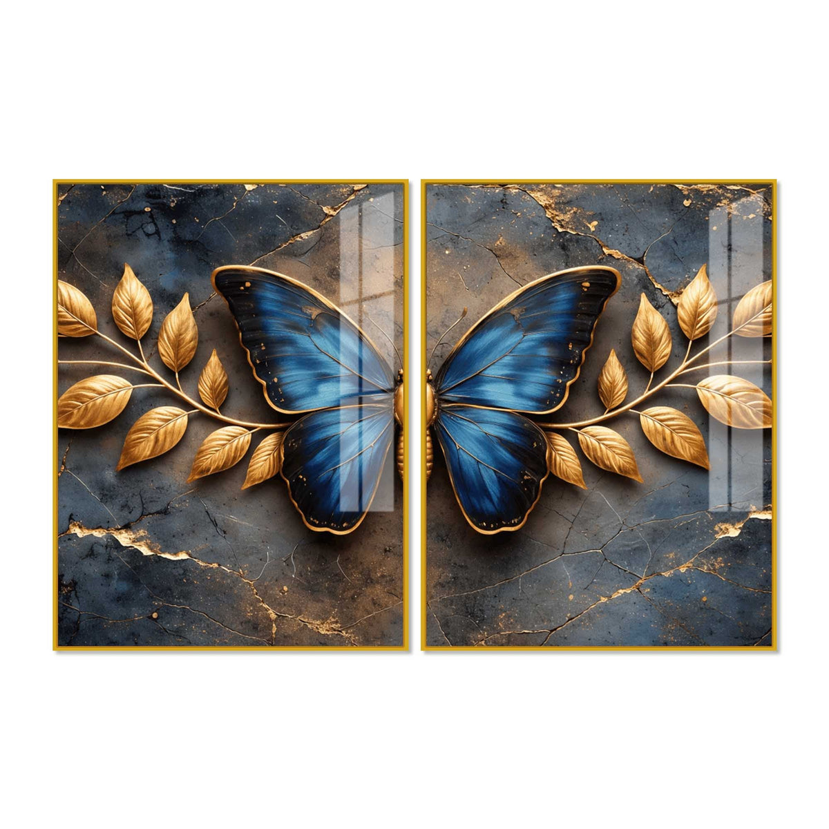 Ravishing Royal Blue Butterfly Acrylic Floating Wall Painting Set of 2
