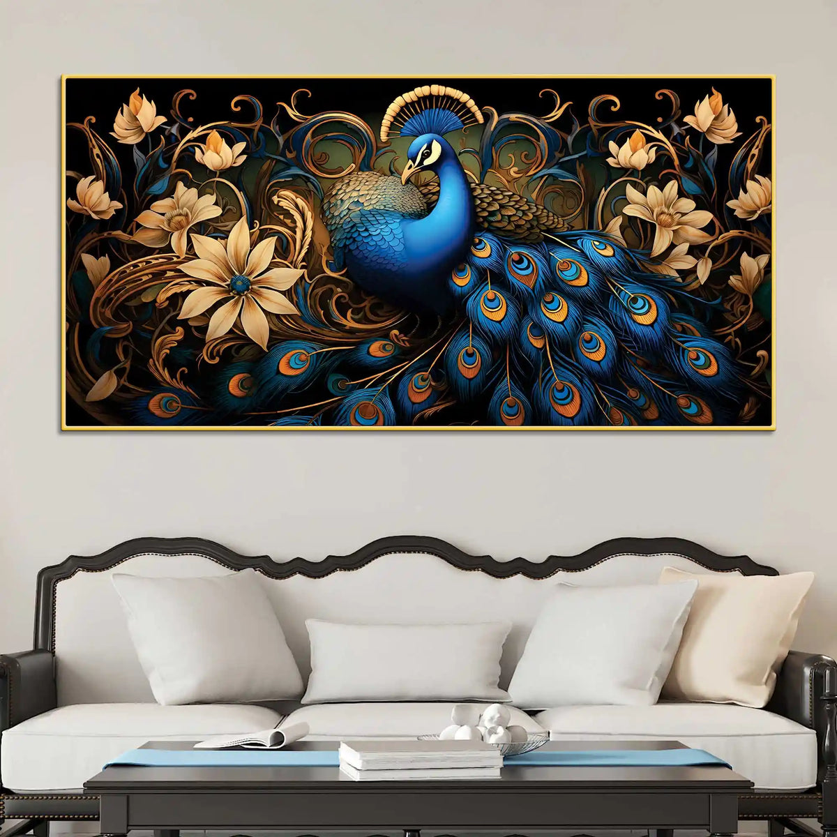 Ravishing Royal Blue Peacock Floral Wall Art Canvas Painting for Home & Office