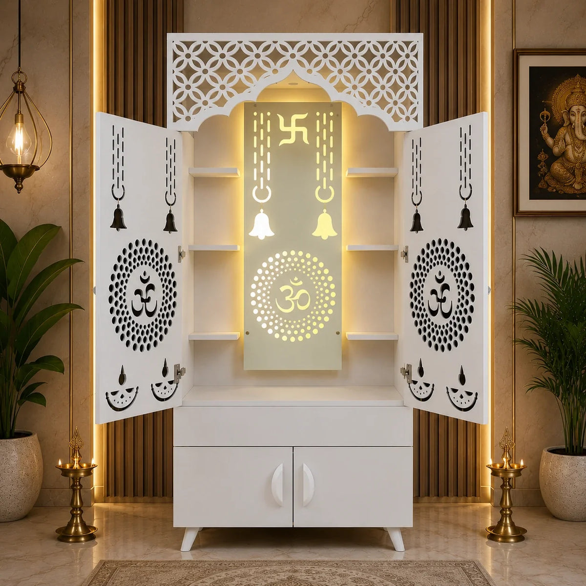 Ravishing White Finish Wooden Floor Temple with Om LED Back Panel & Spacious Storage Cabinet for Home & Office