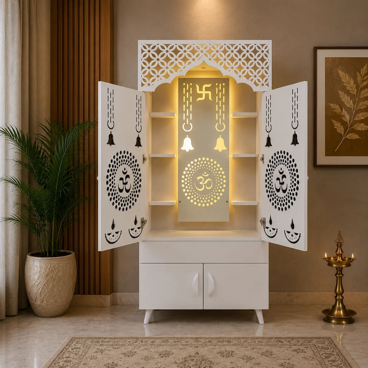 Ravishing White Finish Wooden Floor Temple with Om LED Back Panel & Spacious Storage Cabinet for Home & Office