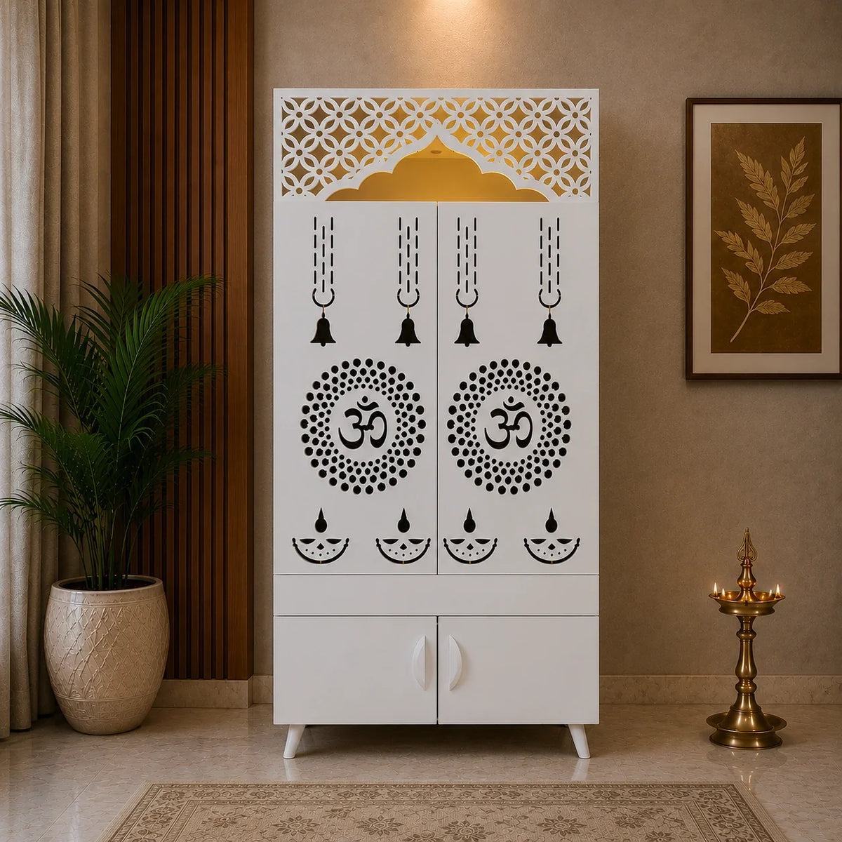 Ravishing White Finish Wooden Floor Temple with Om LED Back Panel & Spacious Storage Cabinet for Home & Office