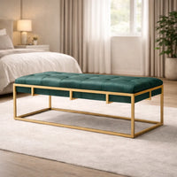 Rectangular Shaped Velvet Ottoman with Golden Metal Finish