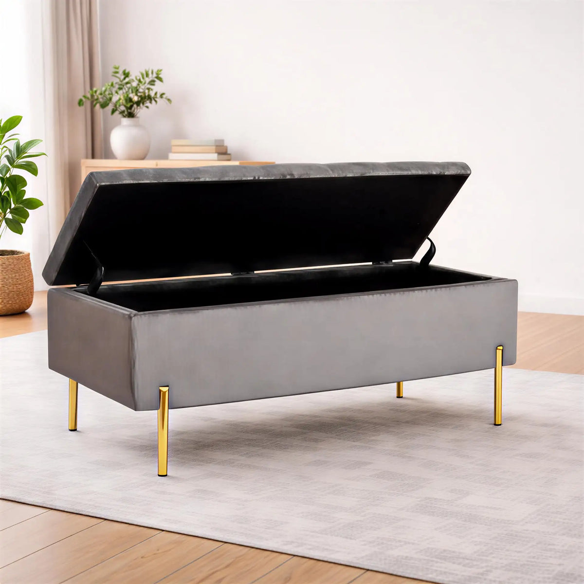Rectangular Shaped Velvet Storage Ottoman with Golden Metal Finish