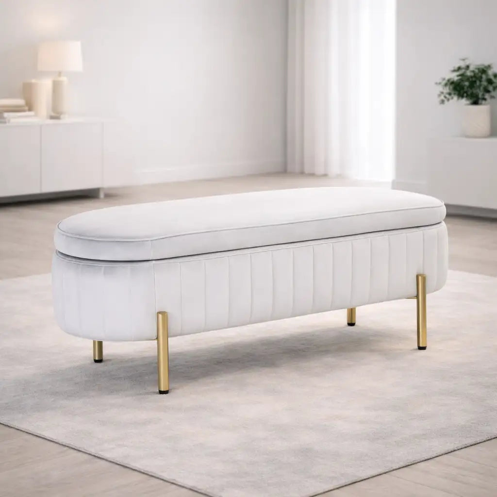 Rectangular Shaped White Velvet Storage Ottoman with Golden Metal Finish