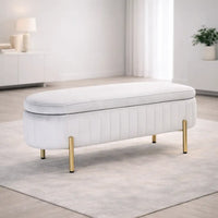 Rectangular Shaped White Velvet Storage Ottoman with Golden Metal Finish