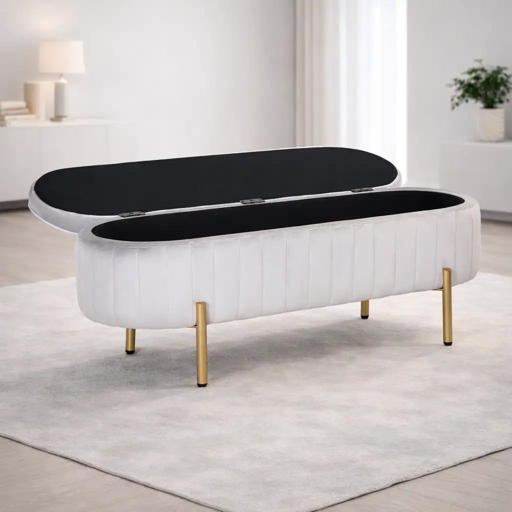 Rectangular Shaped White Velvet Storage Ottoman with Golden Metal Finish