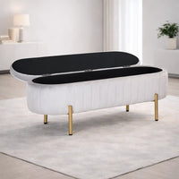 Rectangular Shaped White Velvet Storage Ottoman with Golden Metal Finish