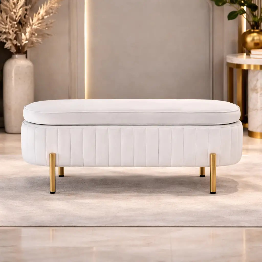 Rectangular Shaped White Velvet Storage Ottoman with Golden Metal Finish