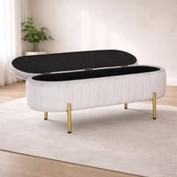 Rectangular Shaped White Velvet Storage Ottoman with Golden Metal Finish