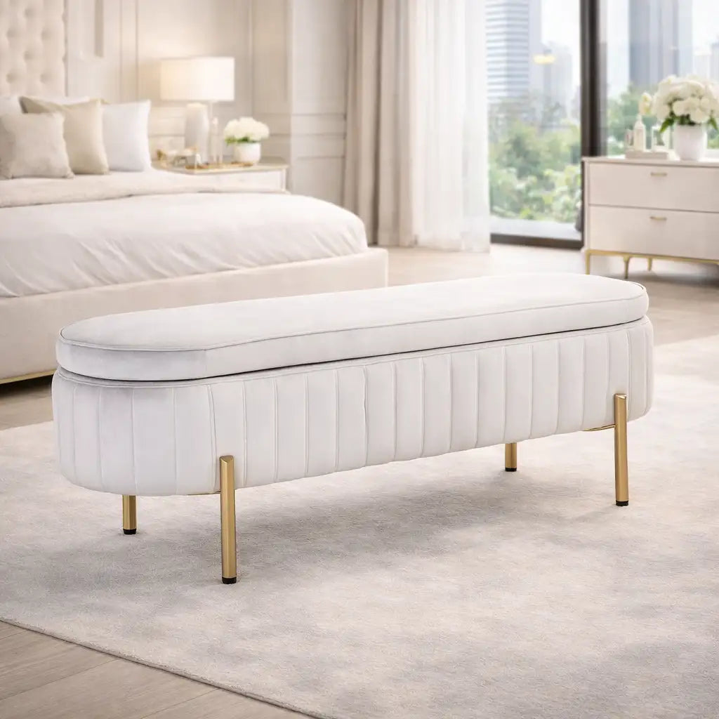 Rectangular Shaped White Velvet Storage Ottoman with Golden Metal Finish