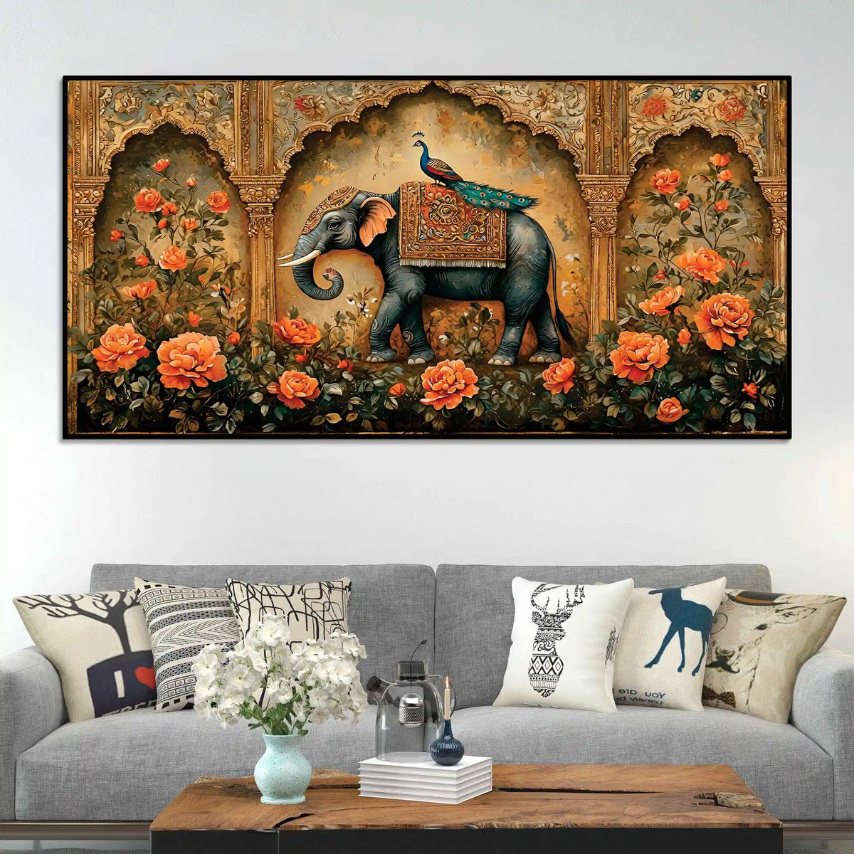 Regal Elephant and His Peacock Companion in a Blooming Palace Garden Canvas Painting