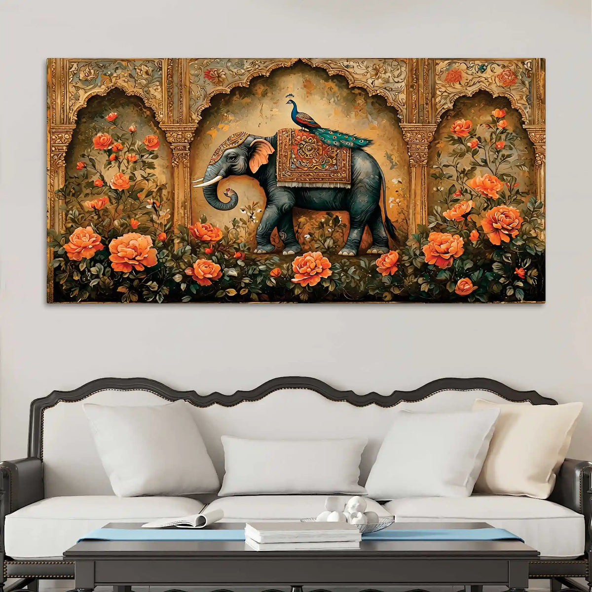 Regal Elephant and His Peacock Companion in a Blooming Palace Garden Canvas Painting